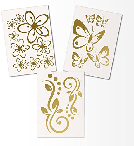 Hibiskus Schmetterling Blüten Ornament SET I - gold - 30x21cm - Wall Sticker Wandtattoo Wandaufkleber - Dekoration, Küche, Wohnzimmer, Schlafzimmer, Badezimmer