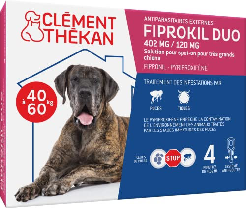 Clément Thékan - Anti-puces et anti-tiques pour très grands chiens de 40 à 60 kg - 4 pipettes - Solution pour Spot-on Fiprokil Duo 402 mg /120 mg