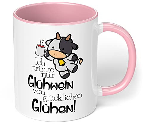 Lustige Weihnachtstasse „Ich trinke nur Glühwein von glücklichen Glühen“ - 330ml Keramik Kaffeebecher mit Spruch - Geschenk zu Weihnachten (Rosa)