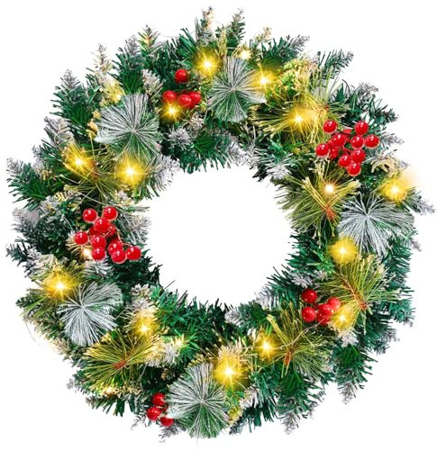 40CM Türkranz Weihnachten,Weihnachtskranz Haustür mit 30 LEDs,Weihnachtskranz mit Laterne, Kugeln, Beeren & Schleifen, weihnachtstürkranz, Weihnachten Dekor