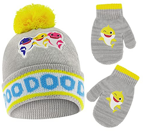 Nickelodeon Winter Hat and Mittens Set, Baby Shark Beanie and Gloves for Children, Yellow/Grey, Toddler Kids Age 2-4