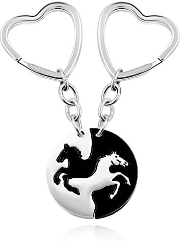 Edelstahl Yin Yang Pferd Schlüsselanhänger für Paare Puzzle passende Liebhaber Schlüsselanhänger V-Day Geschenke, Herz-Ring in Weiß und Schwarz, M