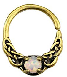 CHICNET Universal Piercing Ring Ohr Nase Messing Brass antik Gold Opal Stein weiß Celtic keltischer Knoten Muster Nostril Septum Conch Tragus Helix Lobe 06 mm
