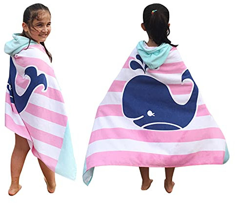 BANGSAUR Kinder-Strandtuch mit Kapuze, 100% Baumwolle, weich und saugfähig, Badetuch, Badetuch, Überzieher für Jungen und Mädchen, extra Größe: 127×76cm (Gestreifter Wal)
