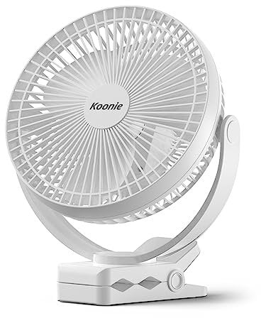 Koonie Ventilador de clip de 10000 mAh, ventilador de escritorio portátil USB de 4 velocidades, flujo de aire fuerte, ventiladores silenciosos de 8 pulgadas, rotación de 360°, abrazadera resistente