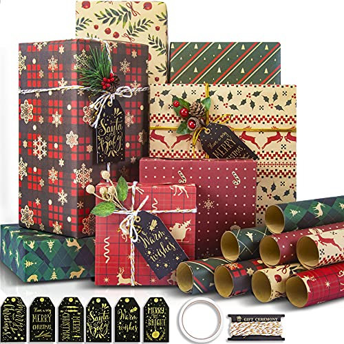 Larcenciel Weihnachten Geschenkpapier Set, 8 Blatt Kraft Geschenkpapier + Geschenkanhänger + Packseil, Kraftpapier mit Davidshirsch-Muster Weihnachtspapier Geschenkverpackung Papier (70 x 50 cm)