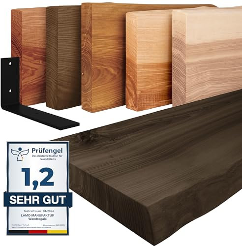 LAMO Manufaktur Wandregal Holz Baumkante | Regal Farbe: Schwarz | mit schwarzem Basic Regalträger | 160 cm