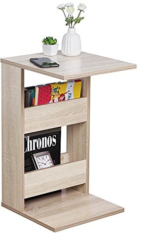 RICOO Kleiner Beistelltisch Holz 35 x 60 x 40cm Couchtisch mit Stauraum Eiche Sonoma Braun – WM042-ES, Konsolentisch, Wohnzimmertisch für Couch, Kleiner Tisch, Mini Tisch klein, Sofatisch in C-Form