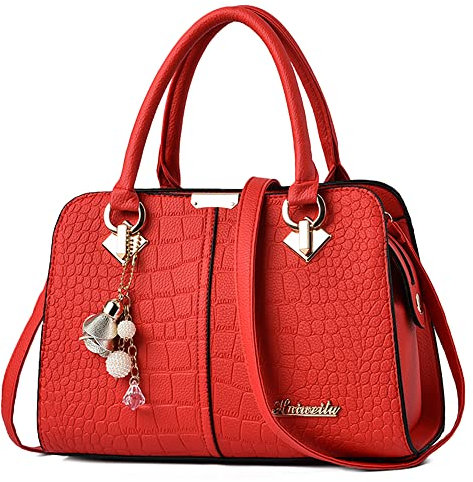 DORRISO Handtasche Damen Mittelgroß - Elegante Große Kapazität Wasserdicht PU Leder Mode Ornamente Abnehmbarem Schulterriemen für Reisen Arbeit Einkaufen Kirschrot