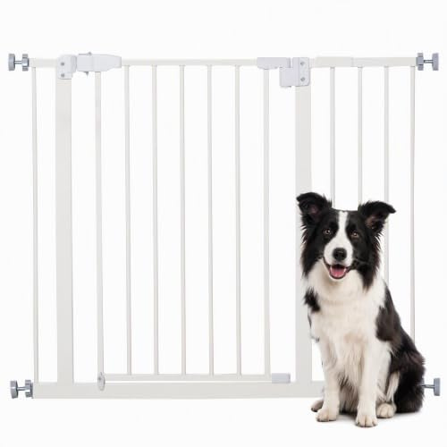PawHut Sicherheitsbarriere ohne Bohren 74-80/91,5-97,5cm Weiß | Verstellbare Breite, Doppelverriegelung, selbstschließende Hundetür, Tür/Flur/Treppe, Stahl.