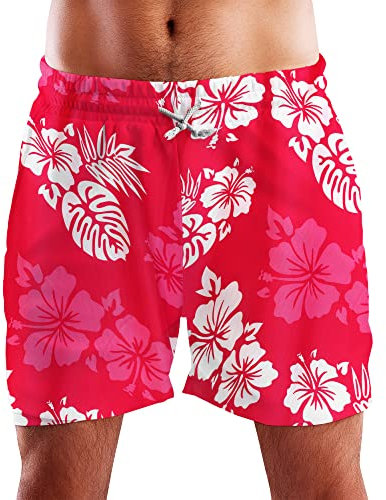 King Kameha Funky Hawaii Schwimm-Hose Bade-Hose Bade-Shorts, Mono Hibiscus, Pink Weiß, XL