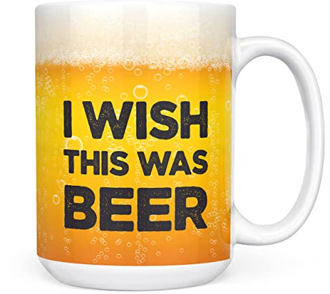 Mug Monster - I Wish This was Beer Funny Novelty Mug, Birthday or Fathers Day Gift - Ceramic Coffee Cup, Gift for Men or Women, Extra Large and Giant Available, 15oz White & Coaster