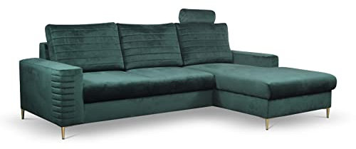 mb-moebel Ecksofa mit Schlaffunktion und Bettkasten aus Samt | Couch für Wohnzimmer, Schlafsofa Sofagarnitur Sofa Eckcouch L-Form Wohnlandschaft mit Bettfunktion 252x117x165 Nitro (Links, Grün)