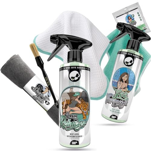 Nuke Guys Auto Innenreinigung Bundle Basis | See Through Glasreiniger 500ml + Innenreiniger 500ml + Mikrofasertuch Asphaltliebe 5er Pack + Waffeltuch 2er Pack + Pinsel