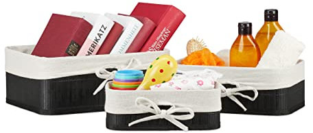 Relaxdays Aufbewahrungskorb 3er Set, Bambus & Stoffbezug, 3 Größen, Spielzeugkorb, Kosmetik & Handtücher, schwarz/creme