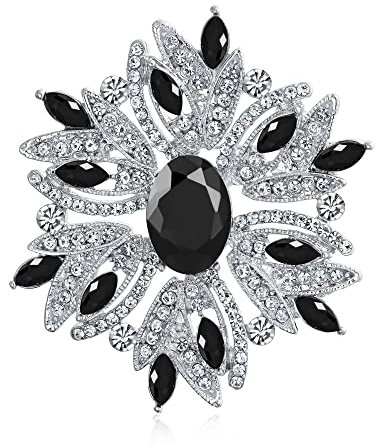 Große Statement Vintage Stil Crystal Flower Simuliert Black Sapphire Crystal Brooch Pin For Freundin For Mother Silver Vergoldet