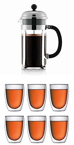 Bodum chambord Kaffeebereiter, 1.0l, glänzend, Pavina 6-teiliges Gläser-Set (Doppelwandig, 0.35 liters), transparent