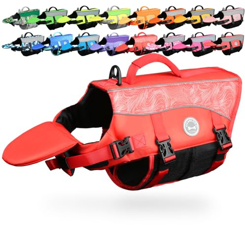 VIVAGLORY Front Float Schwimmweste Hund, Hundeschwimmweste für Bootfahren, Schwimmweste with Kopfstütze, Auftrieb & Schwimmhilfe, XL, Rot