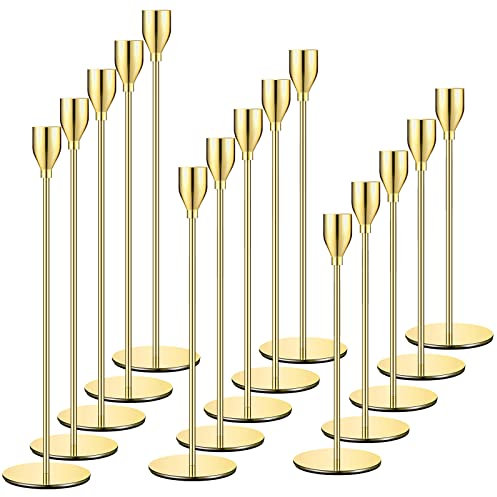 Set mit 15 Goldenen Kerzenständern - Kegelkerzen, Vintage Kerzenständer - Für Kerzen mit 3/4 Zoll Durchmesser, LED-Kerzen - Perfekt für Heimdekoration, Hochzeiten, Candlelight-Dinners, Jubiläen