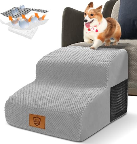 HEVOL Hundetreppe 2 Stufen, Haustiertreppe mit Waschbarer Bezug, Treppe für Kleine Hunde,Tragbare Wasserdicht Katzentreppe für Bett und Sofa aus Hochdichtem Schwamm