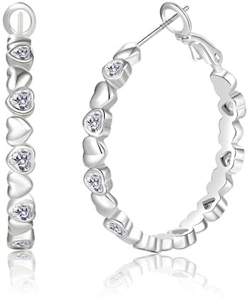 PABBEU S925 Sterling Silver Hoop Earrings Cubic Zirconia Silver Hoops Earrings for Women Hypoallergenic Lightweight Heart Hoop Earring Dainty Silver Hoops Earring for Girls Women 30/40mm