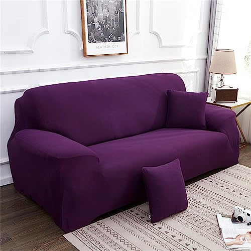 Hearda Copridivano 1/2/3/4 posti, Colori Solidi Elasticizzato Copridivano, Lavabile Spandex Antiscivolo Fodera Divano Protettiva per Soggiorno Bambino Gatti Cani (Viola Scuro,3 Posti)