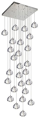 PAZWAHF Moderne Regentropfen-Pendelleuchte, 26-Licht-Kristall-Kronleuchter, quadratischer Baldachin, 9,8 Fuß (3 m), hohe Decke, Unterputz-Hängelampe für Treppenhaus