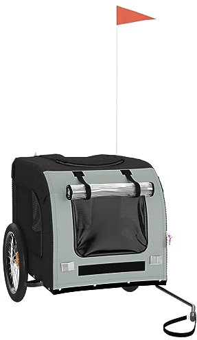 vidaXL Fahrradanhänger für Hunde, Hundeanhänger mit Reflektoren Flagge, Hundetransporter Maximale Belastbarkeit 45kg, Grau Schwarz Oxford-Gewebe Eisen
