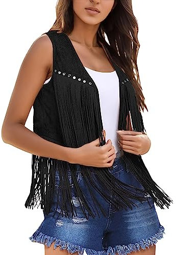 Fulidngzg 70 er Jahre Kleidung Damen Ärmellos Hippie Weste Piraten Country Faschingskostüme Western Karneval Festival Outfit Disco 60er 70er Mädchen Braun Fransenweste Kostüm