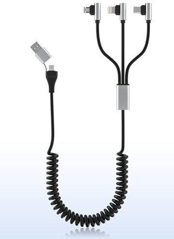 90 Grad Winkel Spiralkabel Multi Ladekabel USB C und iPhone 2 in 1 - USB A/USB C auf Mehrfach Kabel Lightning [mit CarPlay & Daten] + Typ C + Micro USB, für iPhone 15, Samsung, Android Telefon
