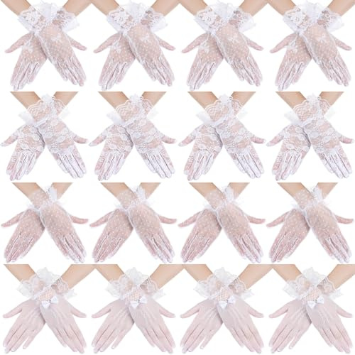 Cuffbow 16 Pairs Lace Tea Party Gloves Bulk for Women Ladies Wedding Vintage Elegant Fancy Short Gloves for Funeral Hoiday Cosplay (White)