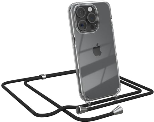 EAZY CASE Handykette kompatibel mit iPhone 15 Pro Handyhülle mit Umhängeband, Handykordel mit Schutzhülle, Silikonhülle, Hülle mit Band, Stylische Kette für Smartphones, Schwarz