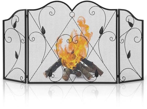 Giantex Faltbarer Kaminsims, 3 Paneele, Funkenschutz, Feuerschutz aus Metall & dekoratives Netz, Kaminzaun, Schutzgitter für Haus, Innen oder Außen, Schwarz, MY44390
