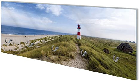 Wallario Wandgarderobe aus Glas in Größe 80 x 30 cm mit Memoboard-Funktion, Motiv: Am Strand von Sylt Leuchtturm auf der Düne Panorama | 5 Kleiderhaken zum Aufhängen von Jacken