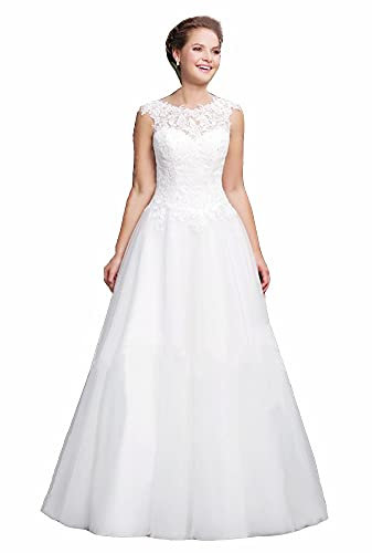 APZKNHDA Damen U-Ausschnitt Lace Up Back Hochzeitskleid A-Linie Tüll Brautkleider, Elfenbeinfarben, 32