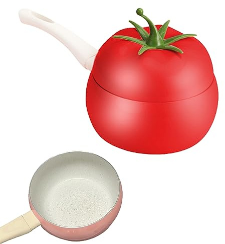Creative Non-Stick Milk Pan, Tomato Shaped Butter Warmer, Baby Food Supplement Pan Perfect for Boiling Eggs, Warming Milk, Mini Stainless Steel Milk Pot for Induction, Gas and Electric Hobs (Red)