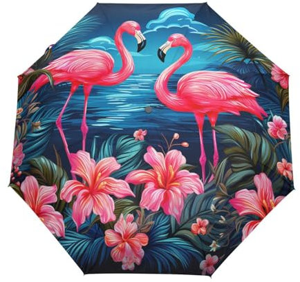 Linnyio Cartoon-Kunst Süßer Flamingo Automatischer Sonnenschutz Regenschirm - Windfest, Kompakt & Leicht - Idealer Reiseschirme für Jungen Mädchen