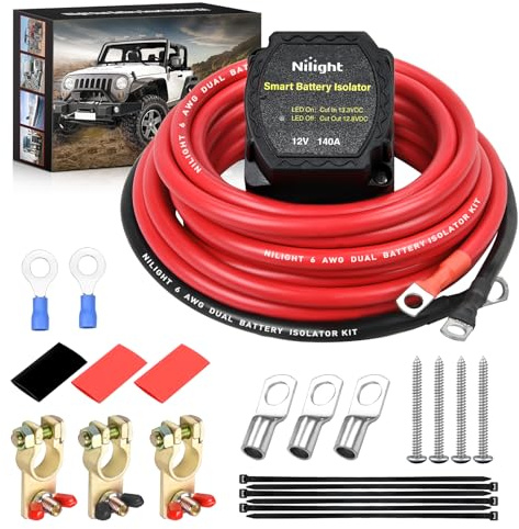 Nilight 12V 140AMP Dual Battery Isolator Kit with 6 AWG Power Cable Terminal Voltage Sensitive Relay Smart VSR Automatic Charger Disconnect for Truck Van RV ATV UTV Boat Can Am