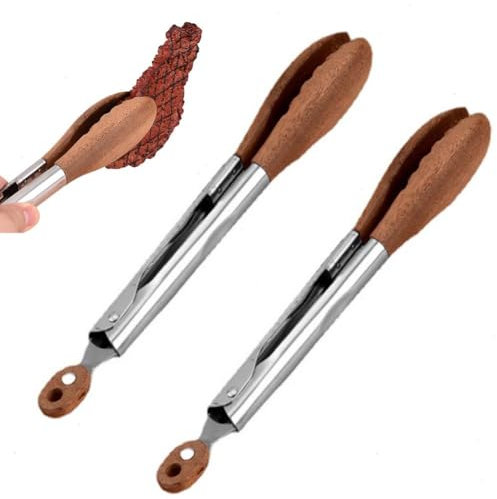 Lot de 2 pinces de cuisine de 2,4 cm pour la cuisson en bois de noyer, poignée antidérapante en acier inoxydable avec trou de suspension, pinces de cuisine pour salade, servir des aliments, pain,