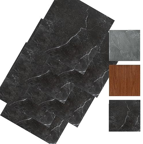 Vkechh PVC Bodenbelag, 30x30cm Vinyl-Fliesen 22 Fliesen 2m²,Selbstklebend Fliesen Marmoreffekt,Wasserdicht Rutschfeste Schneidbar Bodenfliesen, für Wohnzimmer Schlafzimmer (Schwarz Marmor)