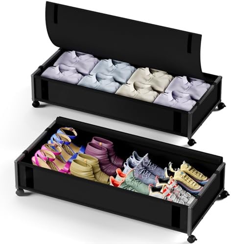 Idybland 2 Pack 60L Under bed Storage,Extra Large Rolling Metal Frame UnderBed Storage Boxes on Wheels,Dust-Proof Underbed Storage Drawer with Lid for Clothes, Blankets, Shoes and Toy(Black)