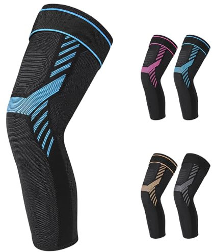 Ginocchiere lunghe compresse con fascia regolabile in velcro, ginocchiera per uomo e donna, per sollevamento pesi, basket, menisco, artrite (blu, M)