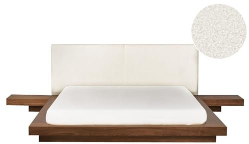 Beliani Bett Bouclé weiß Holzoptik braune Esche mit 2 Nachttischen Lattenrost 160x200 cm Zen