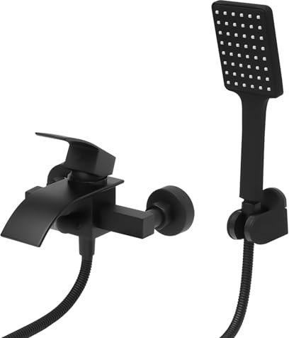 Set di rubinetti per vasca da bagno, colore nero, a cascata, con doccetta per hotel, stabilimenti balneari, piscine, palestre