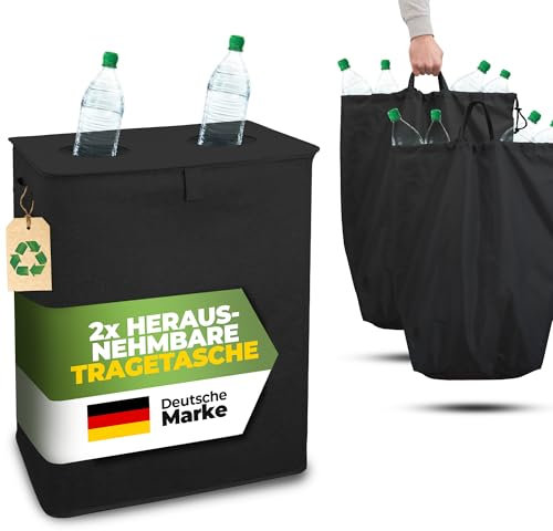 COTTARA® Pfandflaschen Sammelbehälter 2 Fächer - Stabiler Flaschensammler Leergut Behälter 160L mit 2 Tragetaschen - Praktischer Pfandbehälter, Pfandsammler, Pfandflaschen Aufbewahrung schwarz