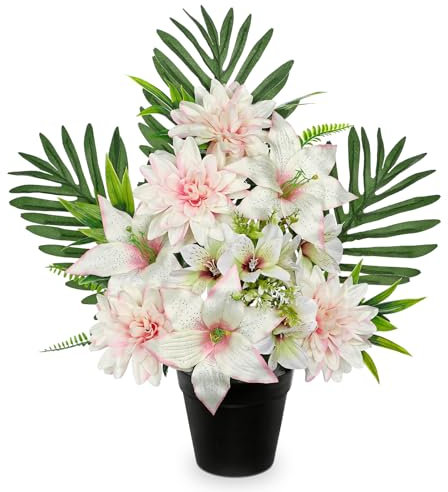 Oairse Artificial Cemetery Flowers in Pot Funeral Flowers Arrangements 48cm Silk Pink & White Potted Lily Dahlia Memorial Flower for Grave Cemetery Headstones Outdoor Decoration
