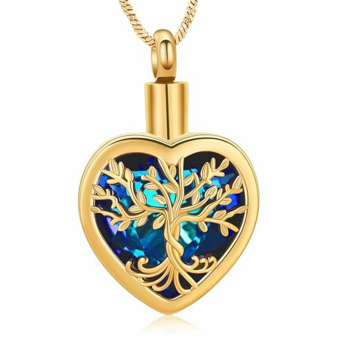 QGJNSGC Tree of Life Urn Necklaces for Ashes Celtic Heart Cremation Jewelry Memorial Keepsake Jewelry w/Funnel Filler Gifts for Women Men (Gold-blue)