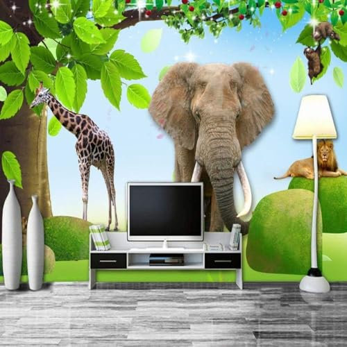Cartoon Animals Elephant Lion Giraffe Papier Peint 3D Intissé Bureau Salon Canapé Chambre Fond Décoration Murale-300cm×210cm