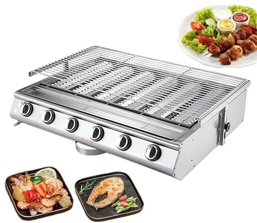 CHANGLKJ Commercial LPG Gas BBQ Grill, Tabletop Gas Grill W/6 Stainless Steel Burners and 6 Independent Switches, Height Adjustable and Durable, Easy To Clean, for Restaurant, Roadside Stall, Buffet