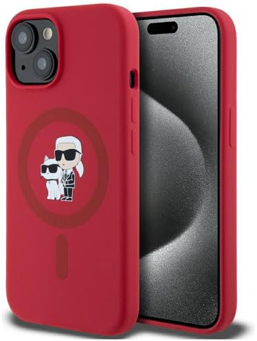 CG MOBILE Karl Lagerfeld Silicone Karl&Choupette Heads Ring kompatibel mit MagSafe Hülle für iPhone 15 (Rot)